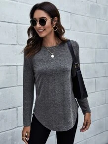 SHEIN LUNE Marled Knit Button-Back Detailing Curved Tee - Dark Grey - View 2