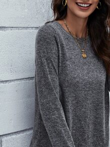 SHEIN LUNE Marled Knit Button-Back Detailing Curved Tee - Dark Grey - View 3