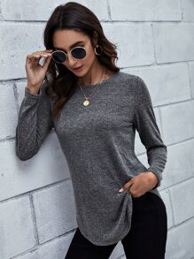 SHEIN LUNE Marled Knit Button-Back Detailing Curved Tee - Dark Grey - View 5
