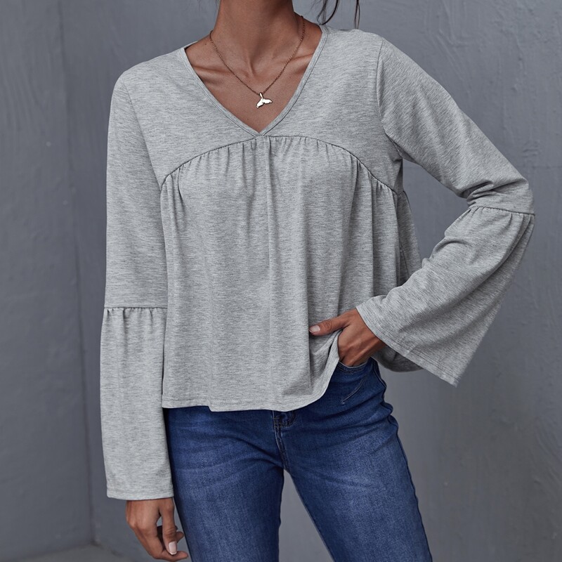 

V Neck Flounce Sleeve Peplum Top, Grey