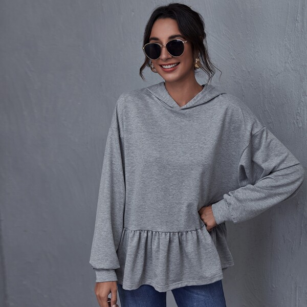

Drop Shoulder Ruffle Hem Hoodie, Grey