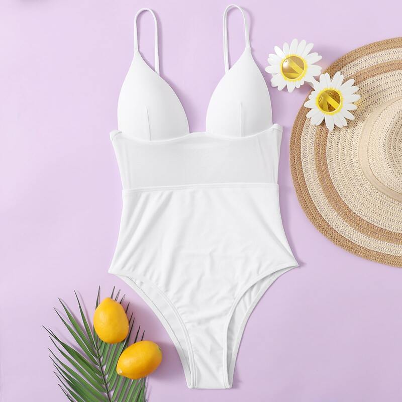 

Solid Plunging One Piece Swimsuit, White