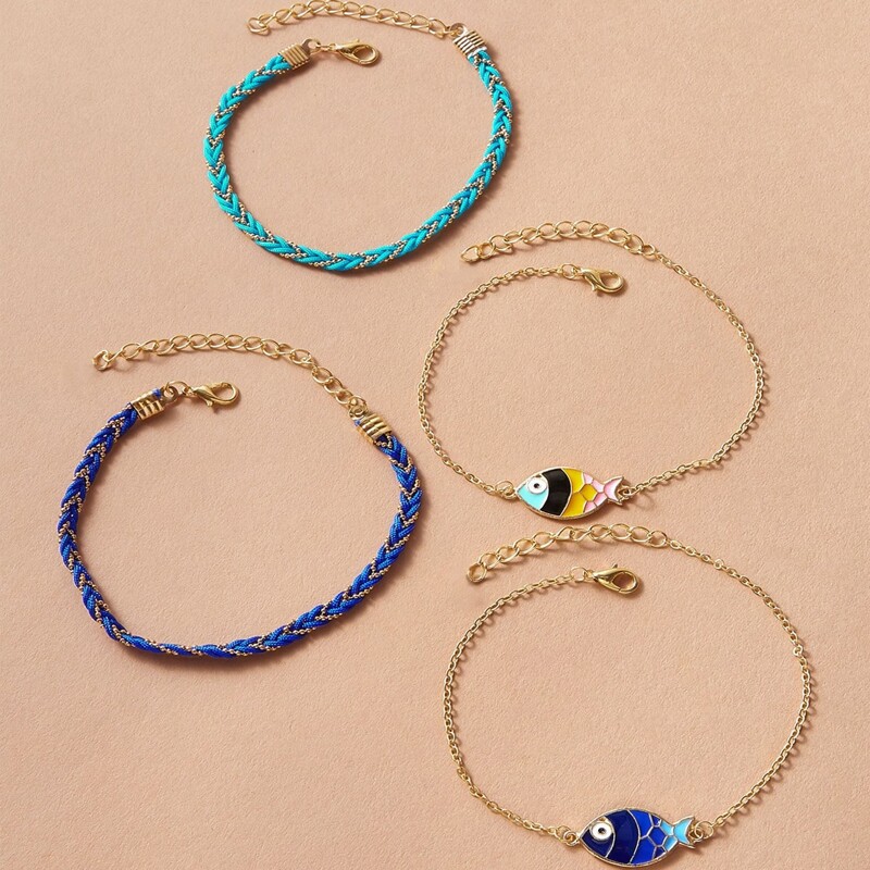

4pcs Fish Braided Anklet, Multicolor