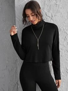 SHEIN Rolled Neck Solid Tee and Leggings Set - Black - View 5