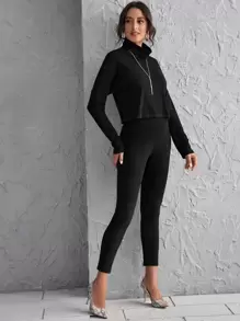 SHEIN Rolled Neck Solid Tee and Leggings Set - Black - View 1