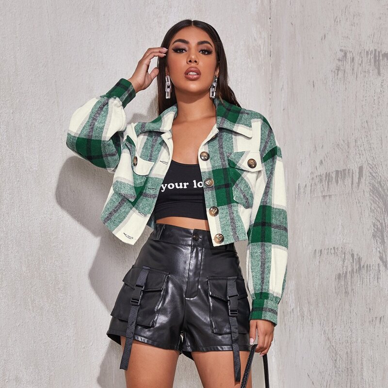 

Flap Pocket Crop Plaid Jacket, Multicolor