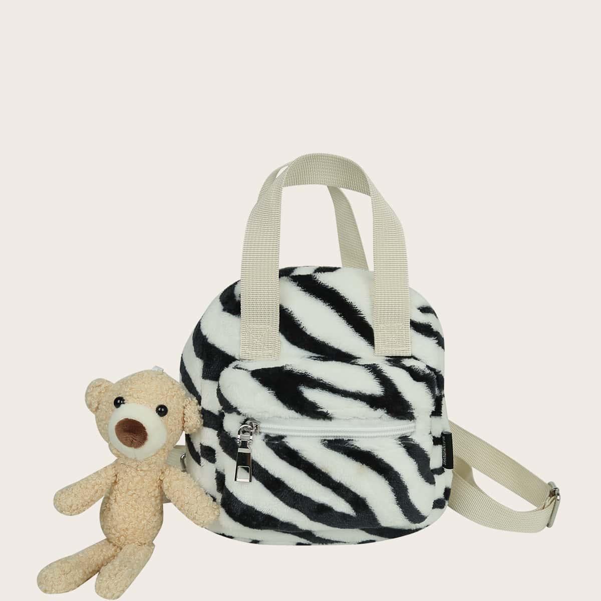 

Bear Charm Zebra Striped Fluffy Backpack, Black and white
