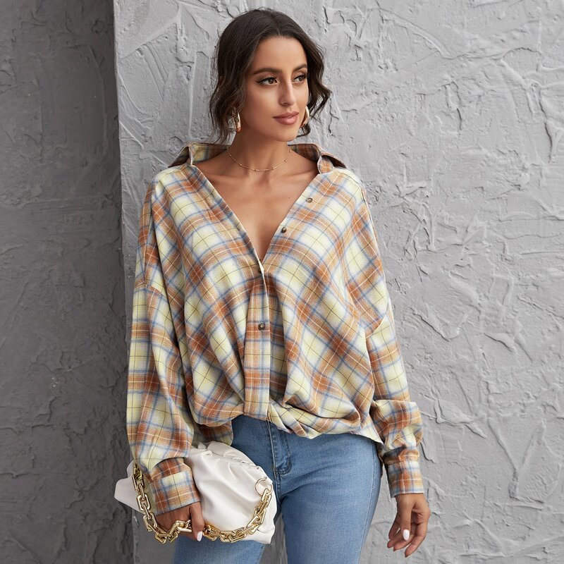 

Batwing Sleeve Plaid Draped Shirt, Multicolor