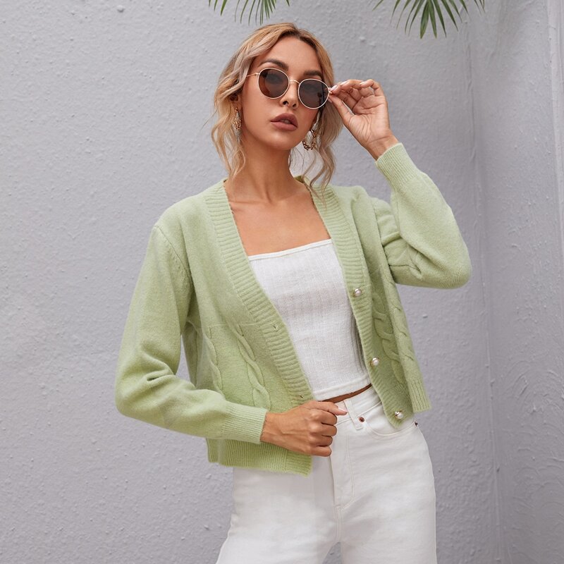 

Cable Knit Pearls Button Front Cardigan, Lime green