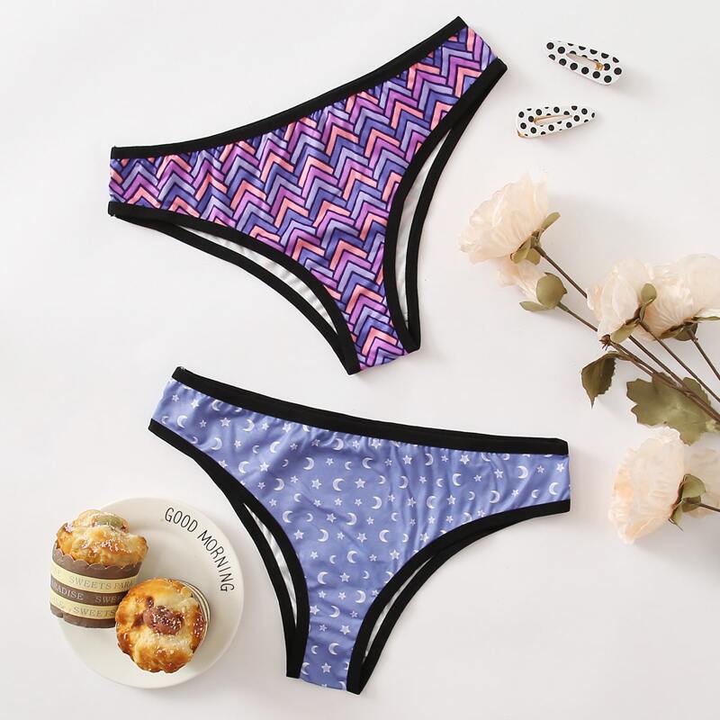 

2pack Geo Print Contrast Binding Panty Set, Multicolor