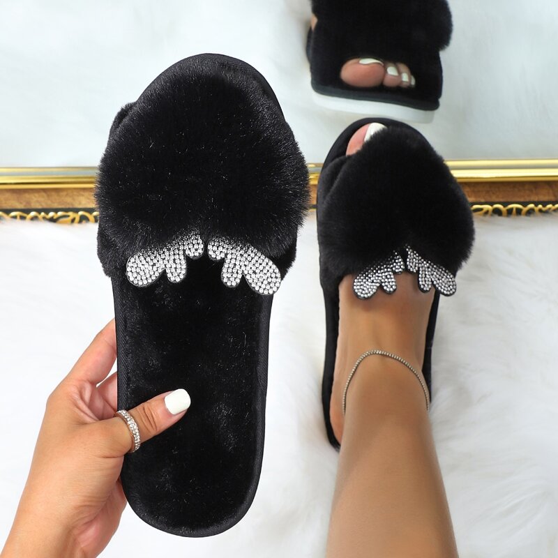 

Rhinestone Decor Heart Decor Fluffy Slippers, Black