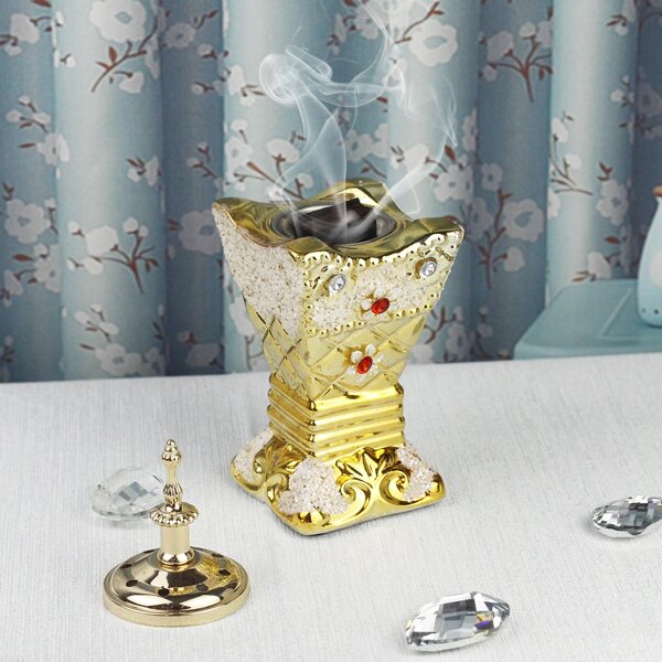 

1pc Rhinestone Decor Incense Burner, Gold