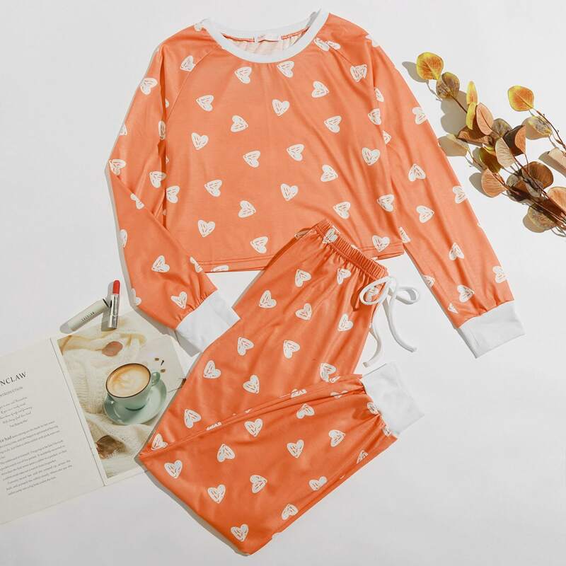 

Allover Heart Print Lounge Set, Coral orange