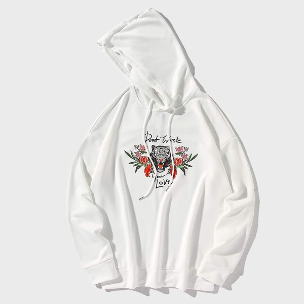 

Men Tiger And Floral Print Hoodie, White