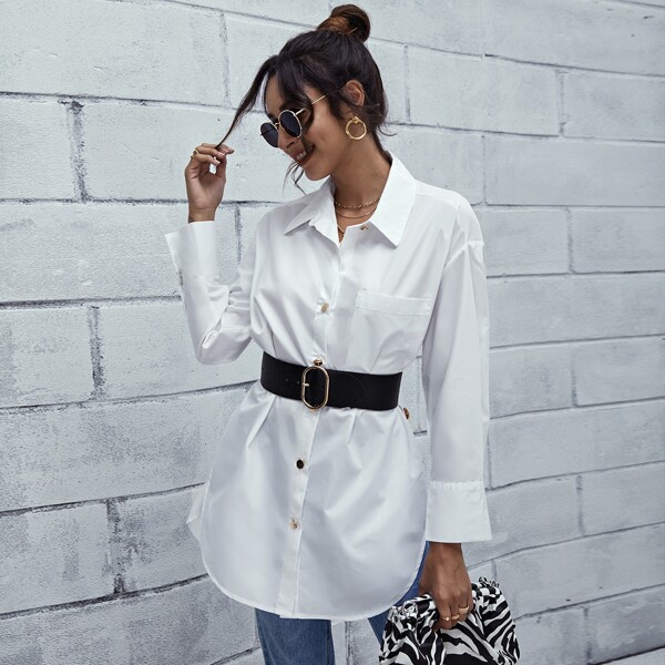 

Button Front High Low Hem Blouse Without Belt, White
