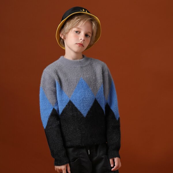 

Boys Color-block Argyle Pattern Fuzzy Sweater, Multicolor