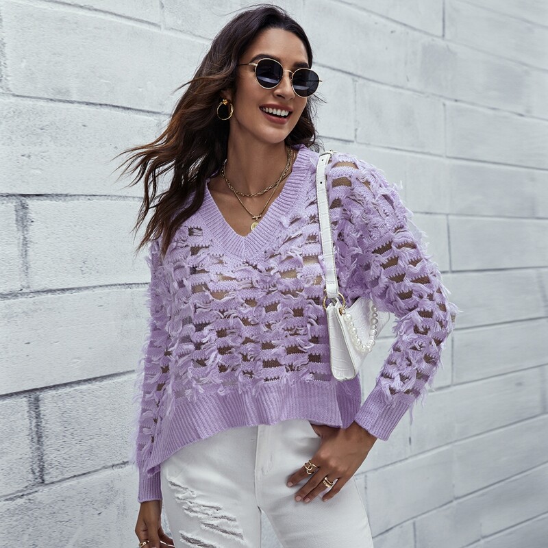 

V-neck Drop Shoulder Distressed Sweater, Lilac purple