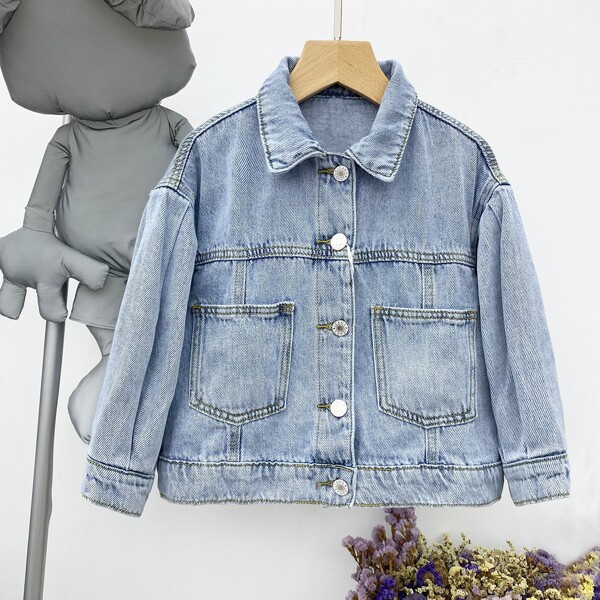 

Girls Single Breasted Pocket Patched Denim Jacket, Light wash