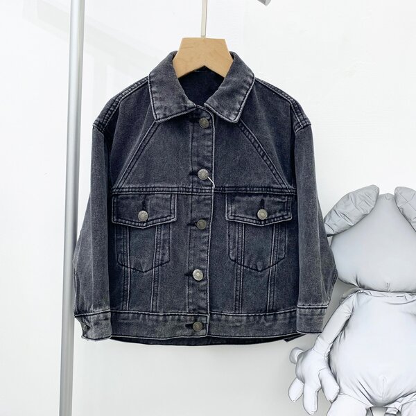 

Boys Letter Graphic Flap Pocket Single Breasted Denim Jacket, Dark grey