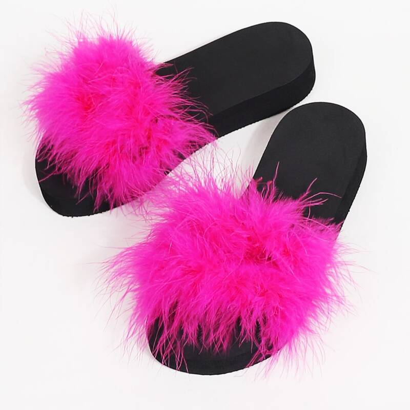 

Faux Fur Decor Wide Fit Fluffy Slippers, Hot pink