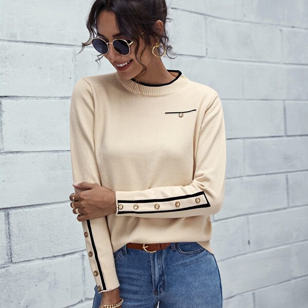 

Contrast Binding Buttoned Cuff Sweater, Beige