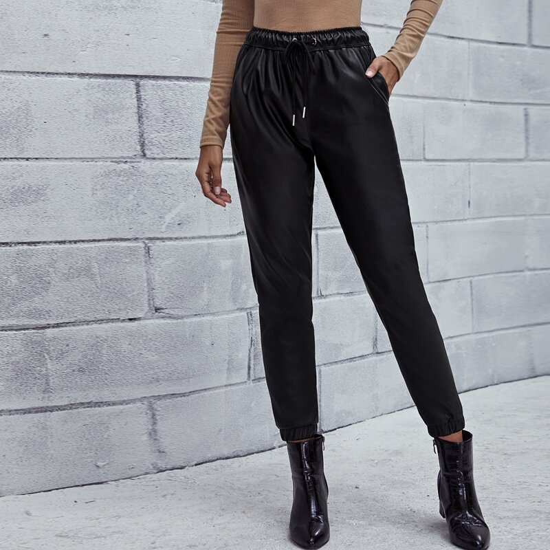 

Drawstring Waist Solid Carrot Pants, Black