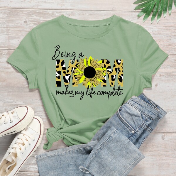 

Slogan & Floral Print Tee, Mint green