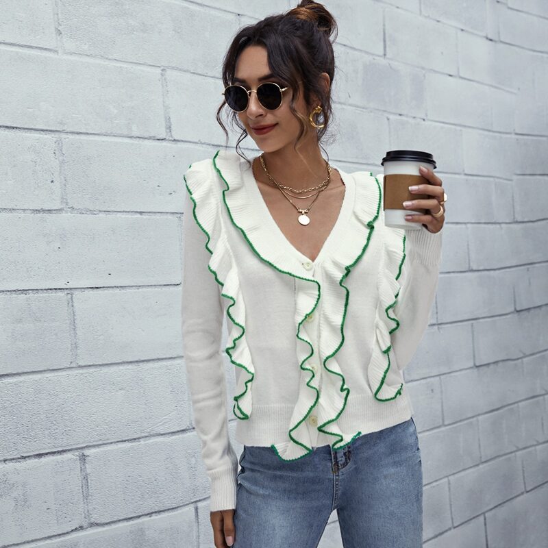 

Contrast Binding Ruffle Trim Cardigan, White