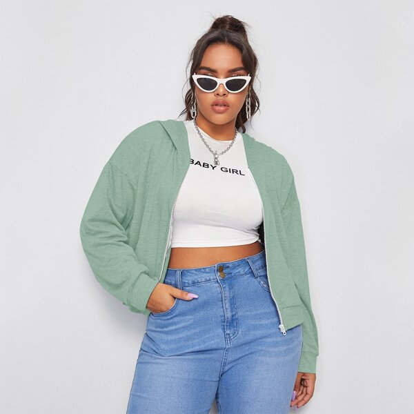 

Plus Kangaroo Pocket Drop Shoulder Zip Up Hoodie, Mint green