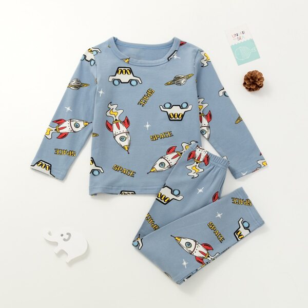 

Toddler Boys Cartoon And Letter Graphic PJ Set, Dusty blue