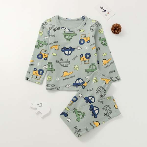 

Toddler Boys Cartoon And Letter Graphic PJ Set, Mint green