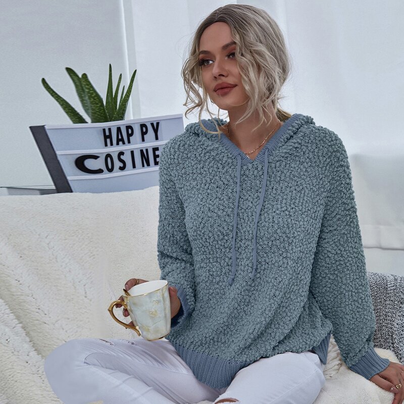 

Slit Hem Loop Knit Drawstring Hooded Sweater, Dusty blue