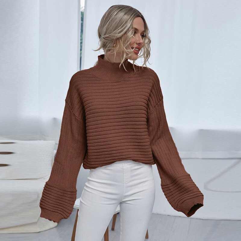 

High Neck Drop Shoulder Rib-knit Sweater, Coffee brown