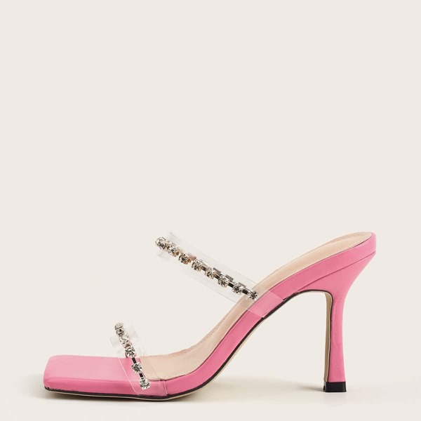 

Clear Rhinestone Decor Stiletto Heeled Mules, Pink clear