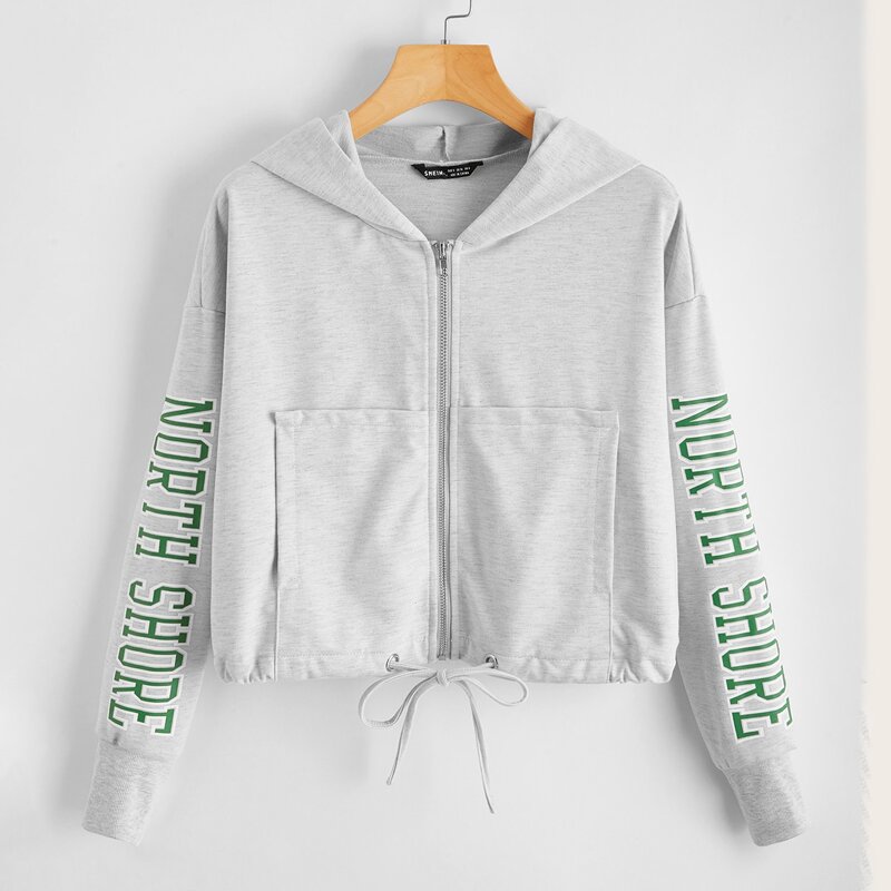 

Drop Shoulder Zip Up Tie Front Letter Graphic Hoodie, Light grey