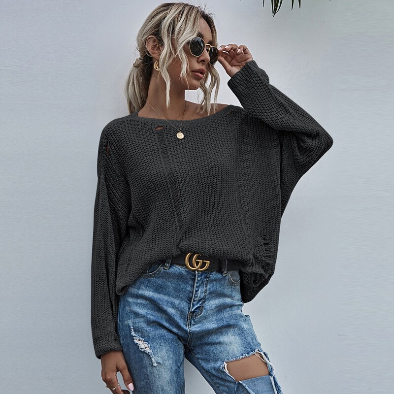 

Drop Shoulder Ripped Oversized Sweater, Dark grey