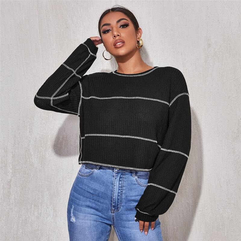 

Contrast Stitch Waffle Knit Tee, Black
