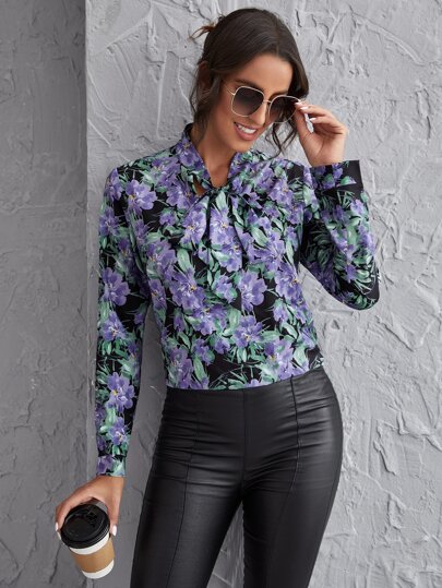 Tie Neck Floral Print Top
