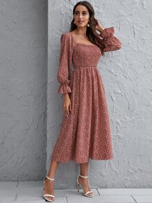 SHEIN Clasi Flounce Sleeve Shirred Plants Print Dress Fall Cloth For Women - Redwood - View 5