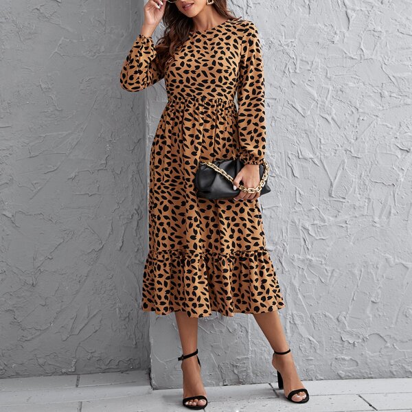 

Flippy Hem All Over Print Dress, Brown