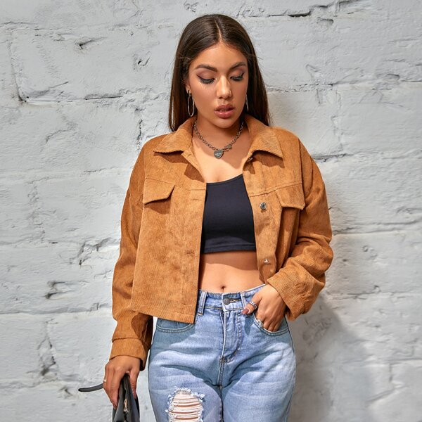 

Button Front Drop Shoulder Corduroy Jacket, Orange