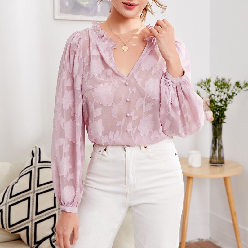 

Ruffle Trim Buttoned Front Appliques Top Without Bra, Dusty pink