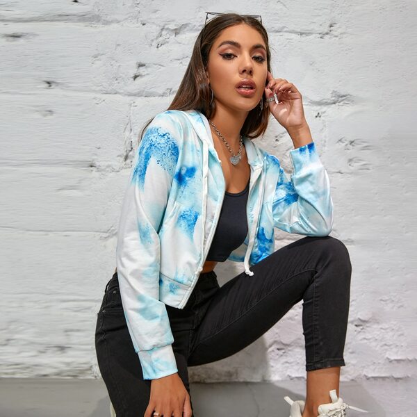 

Kangaroo Pocket Drawstring Zip Up Tie Dye Sweatshirt, Multicolor