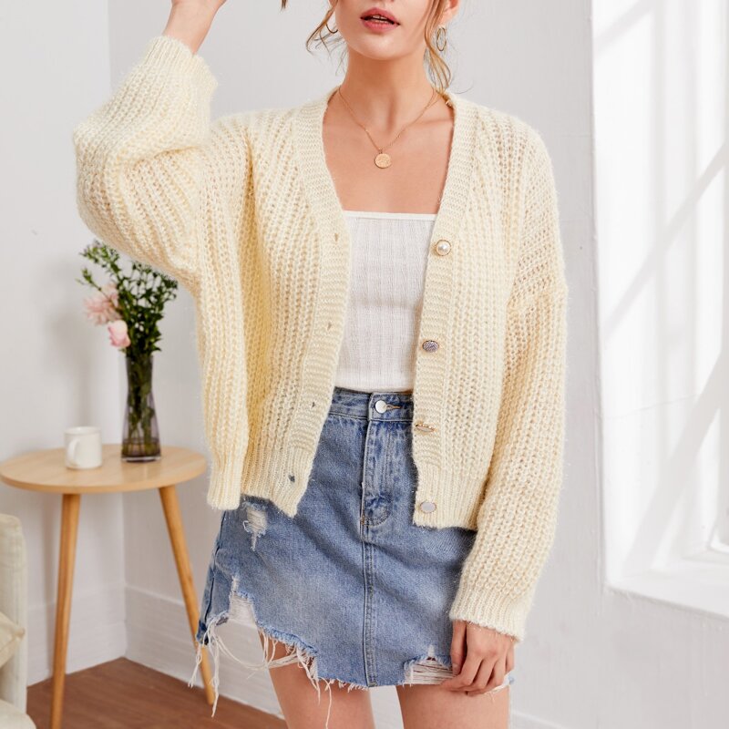 

Button Front Drop Shoulder Cardigan, Beige