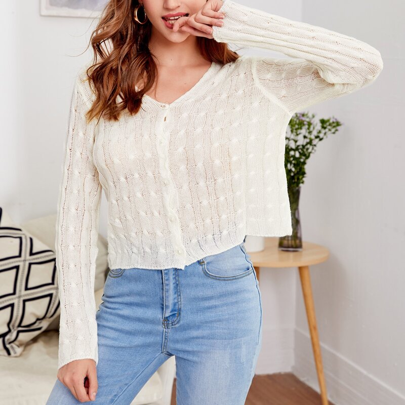 

Cable Knit Button Up Cardigan, White