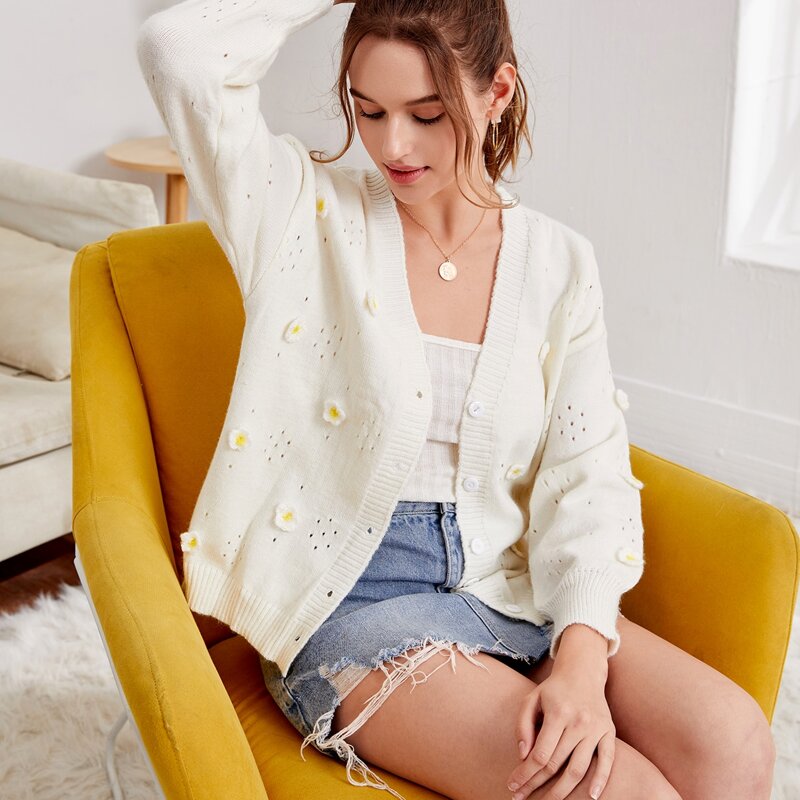 

Floral Appliques Drop Shoulder Cardigan, White