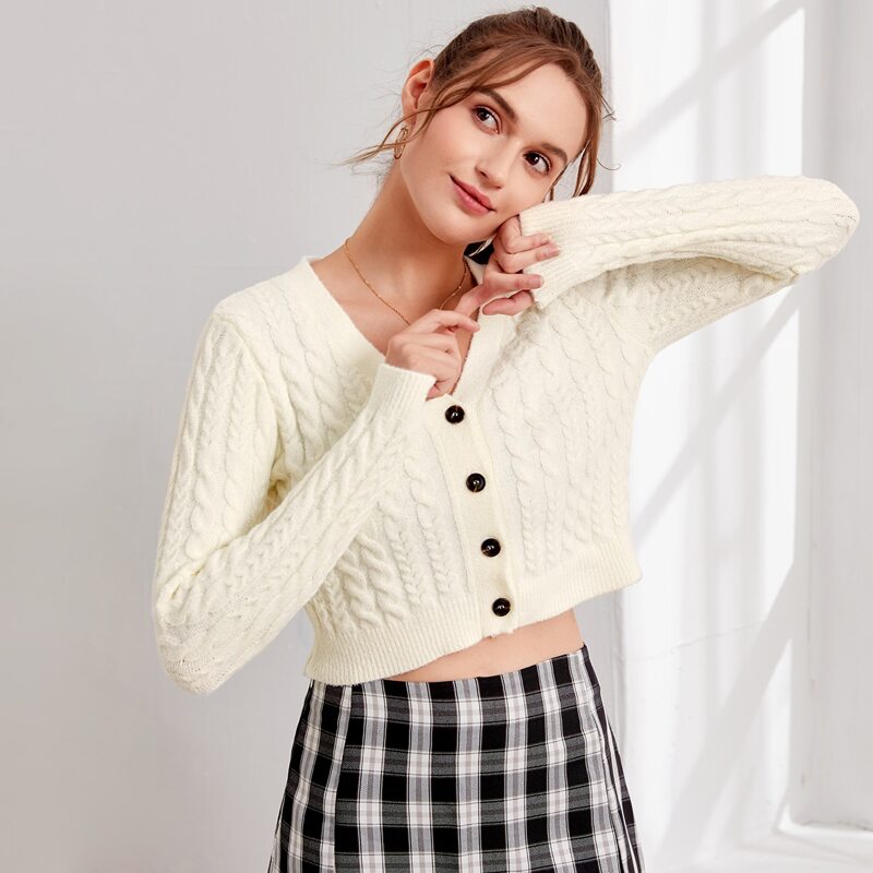 

Buttoned Front Cable Knit Cardigan, White
