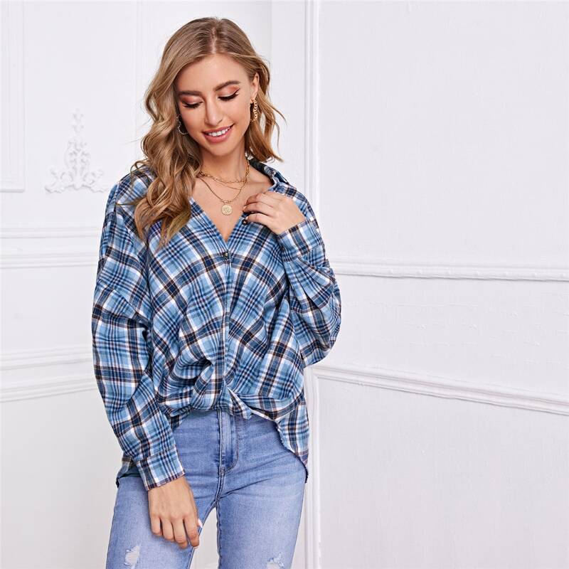 

Drop Shoulder Tartan Oversized Blouse, Blue