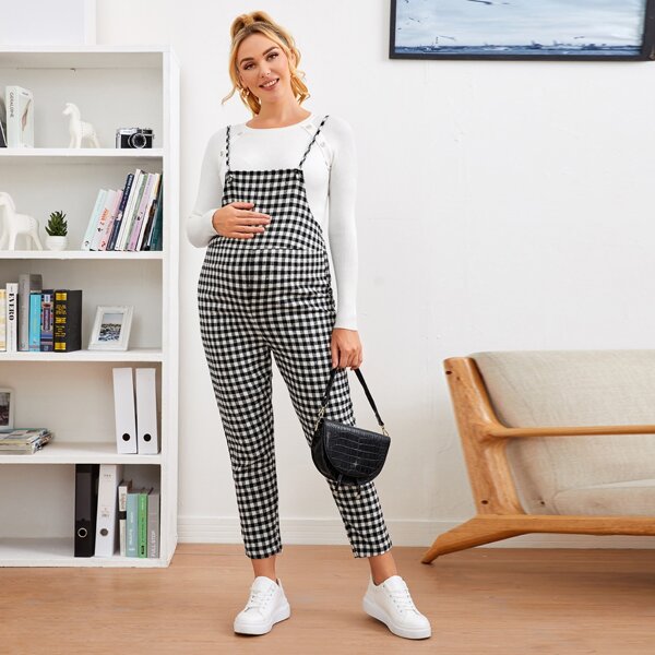 

Maternity Buffalo Plaid Pinafore Jumpsuit, Black and white