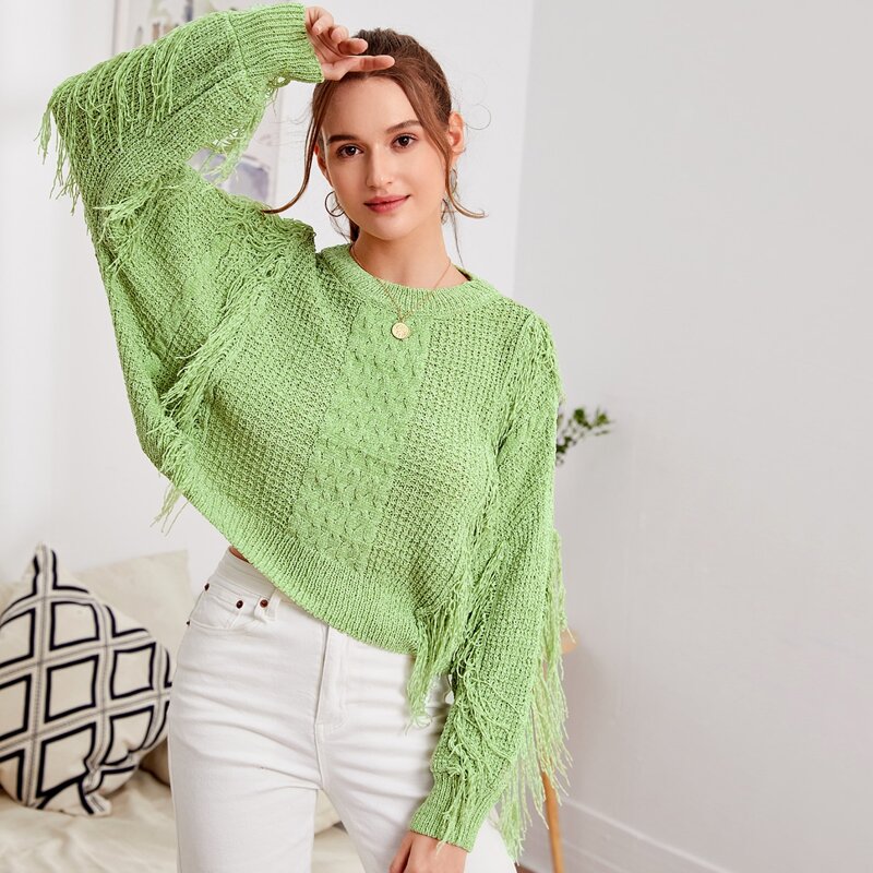 

Cable Knit Fringe Solid Sweater, Lime green